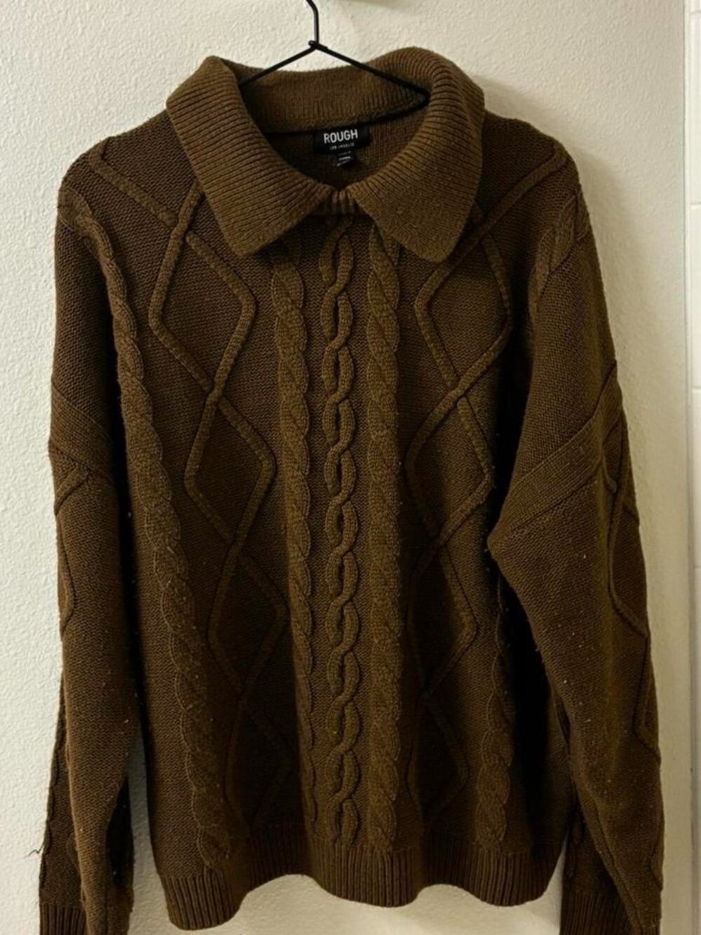 Brown Cable Knit Polo Sweater